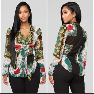 Fashion Nova Womens Sz S Equestrian Chain Print Chiffon Tie Front Blouse Top